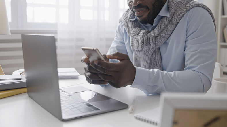 A confident male content marketer answering content marketing interview questions during a virtual interview