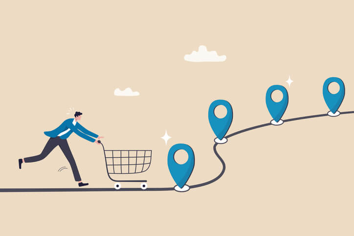 A graphic of a customer traversing customer journey stages with a shopping cart