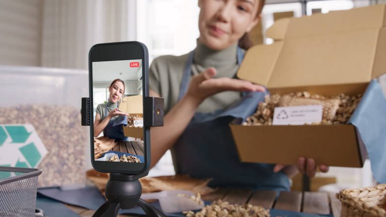 A female nano influencer holding a live stream