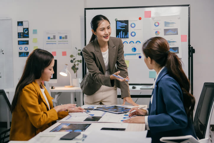 A digital marketing strategist presenting a digital marketing strategy to a team in a modern office.